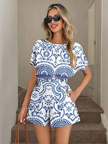 SHEIN LUNE 女士休闲舒适度假通勤时尚抽象几何线条图案收腰短款上衣和短裤两件套，春夏款 - 彩色 - 查看 5