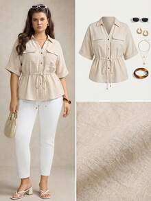 Comfylo Plus Size Women Drawstring Waist Short Sleeve Utility Pocket Loose Shirt - Apricot - View 3