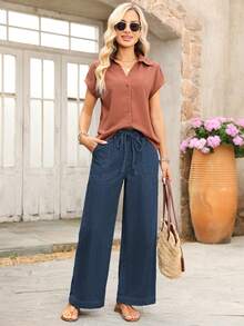 EMERY ROSE 女士休闲抽绳腰阔腿牛仔裤，带大口袋 - 深色水洗藍 - 查看 4