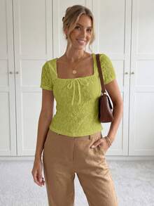 SHEIN LUNE Solid Color Textured Jacquard Square Neck Short Sleeve Mini Butterfly Decor Women T-Shirt, Spring/Summer,Summer Top - Green - View 3