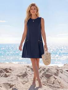 SHEIN LUNE Đầm nữ mùa hè đơn giản, màu trơn, không tay, thích hợp mặc hàng ngày. - Màu xanh hải quân - Xem 4