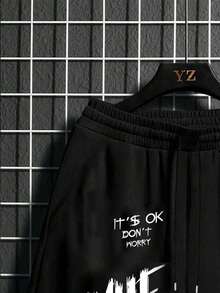 Manfinity Homme 男士加大标语图案抽绳腰短裤图案外出黑色短裤，适合丈夫、男朋友的礼物 - 黑色 - 查看 3