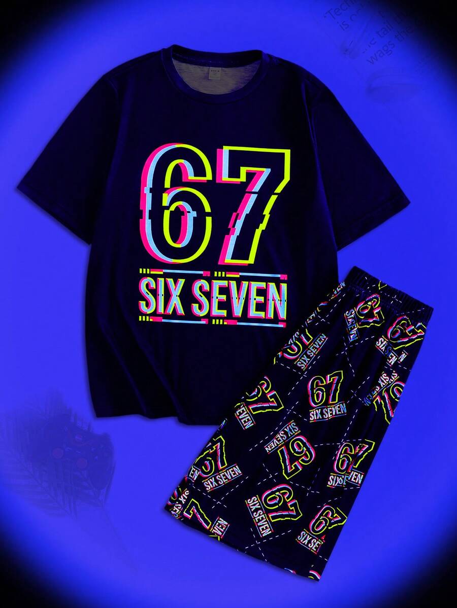 SHEIN 2 piezas Conjunto de pijama de verano informal para adolescentes con camiseta de manga corta y pantalones cortos sueltos y cómodos con estampado del número 67, efecto de fluorescencia de visión nocturna