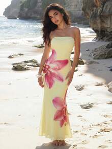 ROMWE Avant Vestido tubo ajustado con estampado floral, estilo de vacaciones - Amarillo - Ver 6