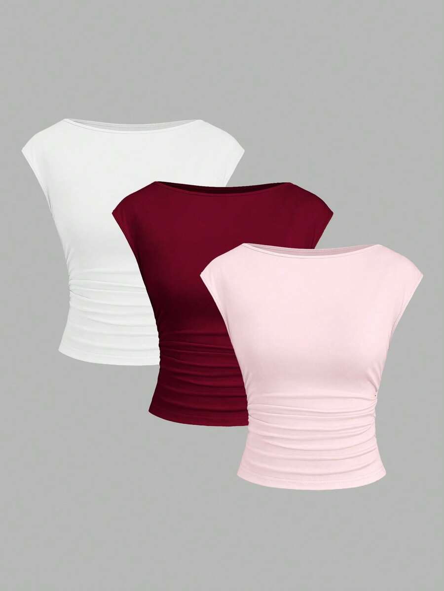 Sweetra 3pcs/Set Sexy Backless Breathable Moisture-Wicking Fitted Short Sleeve Top/T-Shirt For Women - Multicolor - View 1