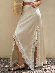 Livesso Damen eleganter Spitzen-Patchwork Satin plissierter Rock, geeignet für Partys, Urlaub im Frühling & Sommer - Aprikosenfarben - Übersicht 5