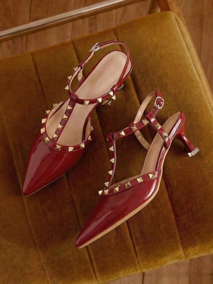 2025秋冬新款女士尖头高跟鞋，优雅设计，春夏百搭，优雅女士浅口鞋，派对装扮 - 酒紅色 - 查看 1