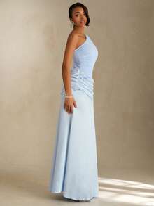 SHEIN Glamour 女士蓝色缎面针织弹力面料单肩长款连衣裙，性感优雅，适合派对/度假等各种场合，也可作为女士蓝色连衣裙或伴娘礼服。 - 藍色 - 查看 6