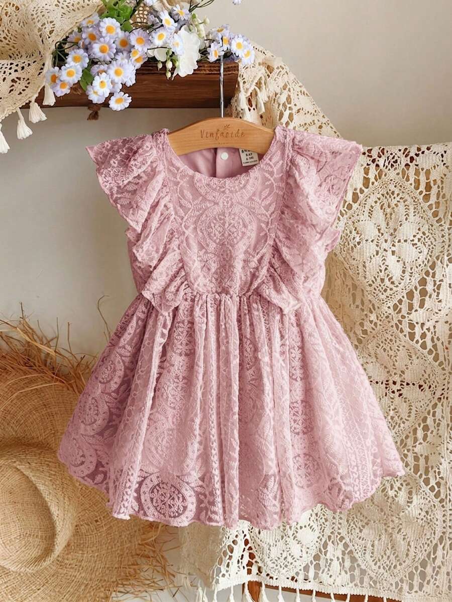SHEIN Vintaside Kids 女嬰春夏純杏色夢幻薄紗無袖洋裝，極簡風格，適合度假慶典與優雅出遊