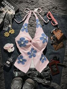 Vaclyn 女士花卉贴花仿珍珠细节扭结吊带背心 - 彩色 - 查看 4