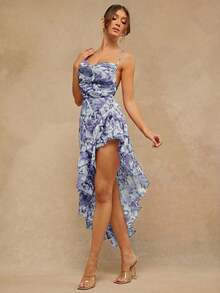 L'Amorae Women's Floral Print Ruffled Neck Asymmetric Hem Elegant Spaghetti Strap Vacation Dress - Purple - View 3