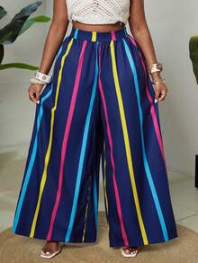 Maweii Pantalones anchos de rayas coloridas para mujer de talla grande, para uso casual, diario y de vacaciones, para primavera/verano - Multicolor - Ver 3