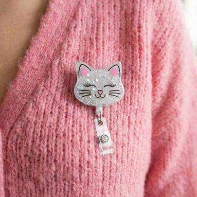 Joivida 1pc Cute Cat Badge Scroll Expandable Suitable For Nurses, Medical Staff, Teachers | ID Clip Smiling Cat Funny Badge Clip With Crocodile Clip