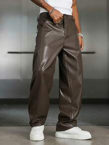 PAVTROS Pantalones de cuero sintético sueltos con bolsillo inclinado para hombre - Gris Oscuro - Ver 6