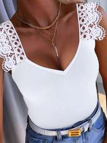 大码女式纯色撞色蕾丝边修身优雅吊带背心夏季上衣 - 白色 - 查看 1