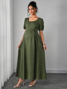 SHEIN Đầm bầu dáng chữ A thanh lịch, lãng mạn, vai lệch, xếp ly eo, thoải mái. - xanh quân đội - Xem 5