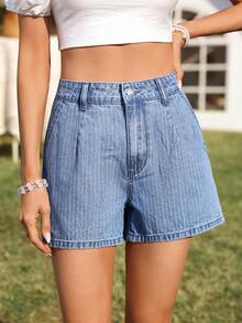 Breezaya Ensemble femme top sans manches élégant avec nœud et short en jean rayé super court - Jean bleu - Voir 6