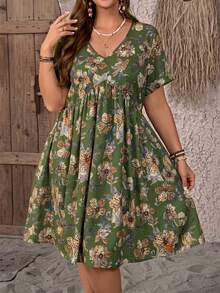 EMERY ROSE Đầm ngắn tay cổ chữ V in hoa cỡ lớn dành cho nữ, thích hợp cho kỳ nghỉ hè. - xanh quân đội - Xem 3