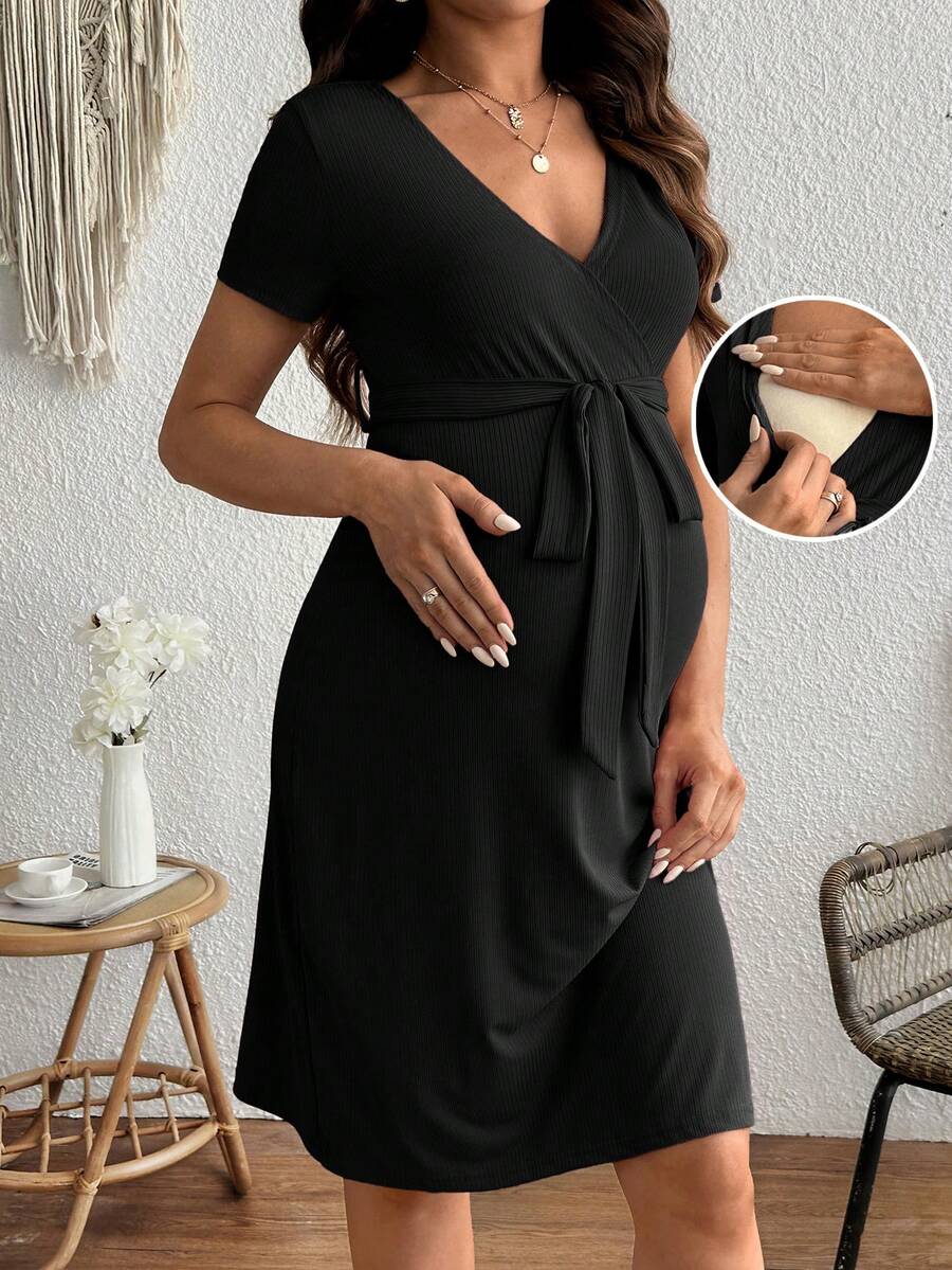 孕妇纯色V领哺乳功能休闲日常连衣裙 - 黑色 - 查看 1