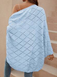 SHEIN LUNE Áo khoác cardigan dệt kim dáng rộng, thiết kế khoét rỗng, tay cánh dơi, thích hợp cho kỳ nghỉ, bãi biển, lễ hội âm nhạc. - Màu xanh lam - Xem 2