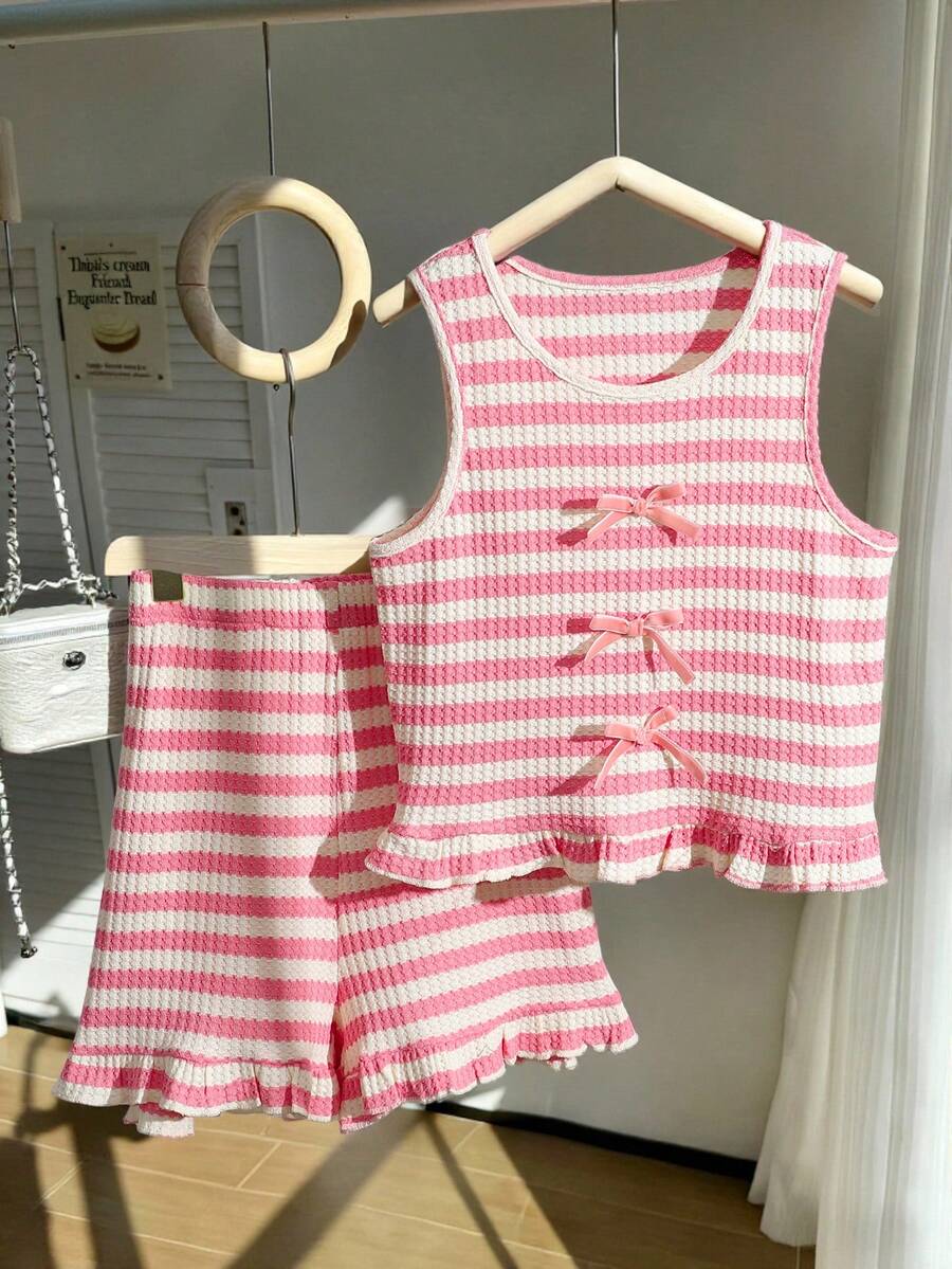 SHEIN 2pcs/Set Striped Bow Tie Sleeveless Crop Top,Ruffle Hem Shorts Set For Teenage Girls,Cute Light Pink Summer Sweet & Spicy Style Family Matching Set - Pink - View 1