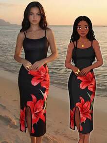 Sparklyn Váy hai dây in hoa phong cách thường ngày cho bé gái tuổi teen đi nghỉ mát. - màu đen - Xem 1