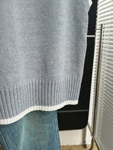 SHEIN Franclia 撞色针织背心，V领撞色滚边，宽松版型，柔软针织面料，撞色设计，活泼甜美复古风，适合春季叠穿、校园约会、日常穿着，百搭单品，撞色设计不单调，宽松版型显瘦，韩式软妹休闲风，内搭衬衫更添甜美，搭配百褶裙更显甜美，搭配牛仔裤更显甜美酷感 - 灰色 - 查看 5