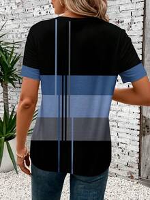 EMERY ROSE Kaos Wanita Longgar Lengan Pendek Leher Bulat Motif Patchwork Kasual, Cocok untuk Musim Gugur/Panas, Santai, Atasan Musim Panas - MultiWarna - View 2