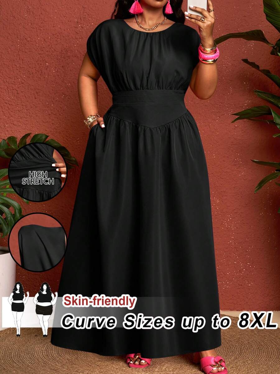 SHEIN CURVE+ Curve 尺码 US22 音乐节、海滨度假、波西米亚风女装 202 春夏新款优雅通勤/海滩度假/约会/派对/音乐节组合连衣裙，清新洋红色，圆领无袖，腰部拼接利落A字摆褶裥长裙 - 黑色 - 查看 1