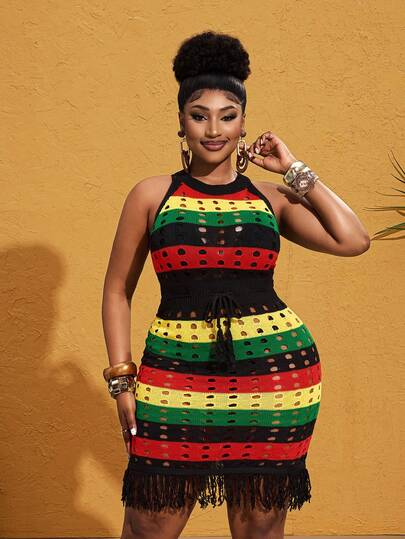 Maweii 大码女式休闲时尚性感镂空彩色条纹流苏抽绳腰短裙，适合派对、度假、海滩、春夏穿着