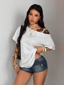 Coolane Áo thun nữ mùa hè phong cách Y2K Hip-Hop vintage streetwear dệt kim họa tiết số và ngôi sao, co giãn, thoải mái, cổ bất đối xứng, màu xanh navy, tay ngắn, dáng rộng, thích hợp cho lễ hội âm nhạc. - trắng - Xem 6