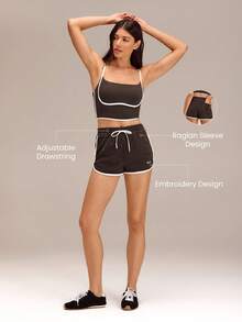 GLOWMODE Glow On The Go Soft Sweat-Wicking Contrasting Trim Embroidered Hem Logo Back Pocket Shorts Outdoor Daily Casual Wear - Brown - View 3
