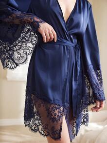 Women's Contrast Lace Elegant Long Sleeve Robe - Royal Blue - View 4