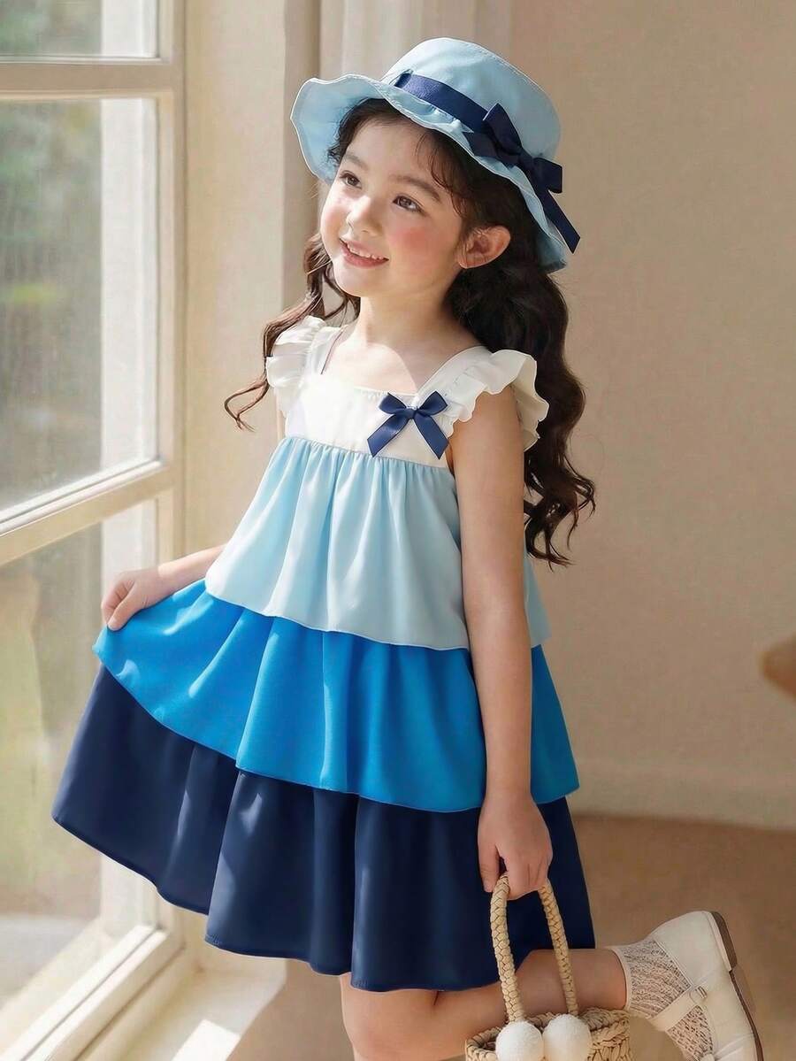 Elladie kids Đầm mùa hè dáng suông mới cho bé gái, màu tím phối khối, không tay, xếp ly, thắt nơ trang trí, kèm mũ tai bèo dễ thương, bộ đầm và mũ thời trang đi nghỉ mát. - Màu xanh lam - Xem 1