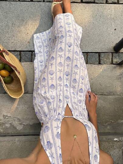 Sunnyshic Đầm maxi nữ màu xanh dương họa tiết vỏ sò và sao biển thắt nút tre, cổ chữ V sâu, hở lưng, dáng chữ A, phong cách bohemian tối giản thanh lịch, thích hợp cho kỳ nghỉ xuân/hè, đi biển, hẹn hò hoặc mặc hàng ngày.