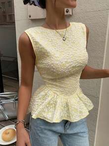 Serisse Women's Floral Jacquard Round Neck Ruffle Hem Sleeveless Blouse,Summer Top - Pale Yellow - View 4