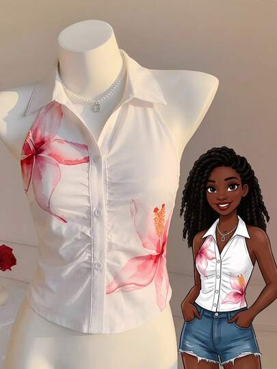 Sparklyn White Base Floral Print Halter Neck Cropped Top, Pure White Base With Tie Dye Pink Floral Print, Featuring Crisp Lapel Collar, Sleeveless Halter Neck Design, Single-Breasted Front With Pleated Waist Shaping, Cropped Silhouette Pairs Well With High-Waisted Bottoms, Made Of Soft, Drapey Fabric, Blending Fresh Femininity And Chic Style, Suitable For Casual Outings, Gatherings With Friends, And Dates