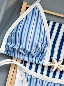 Swim Vcay Neuer Frühlings-/Sommer-Bikini-Set mit Neckholder, Knoten und hohem Beinausschnitt, mit metallischer Seestern-Verzierung, geeignet für Strandurlaub - Verschiedenfarbig - Übersicht 5