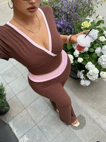 Muchica Bộ đồ 2 mảnh dành cho nữ cỡ lớn, kiểu dáng thường ngày/công sở: áo crop top ngắn tay cổ chữ V sâu, phối màu tương phản, và quần ống loe. - Rỉ Nâu - Xem 6