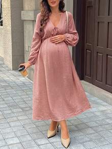 SHEIN Đầm bầu tay dài cổ chữ V sâu thắt nơ phía trước dáng chữ A - Bụi hồng - Xem 6