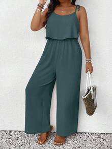 SHEIN Frenchy Plus Size Casual Vacation Textured Solid Color Jumpsuit - Green - View 3