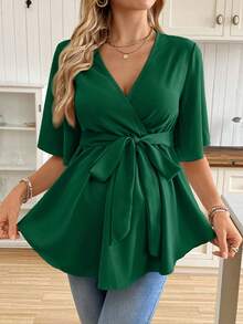 SHEIN Maternity Solid Color V-Neck Ruffle Trim Shirt With Belt - Dark Green - View 5