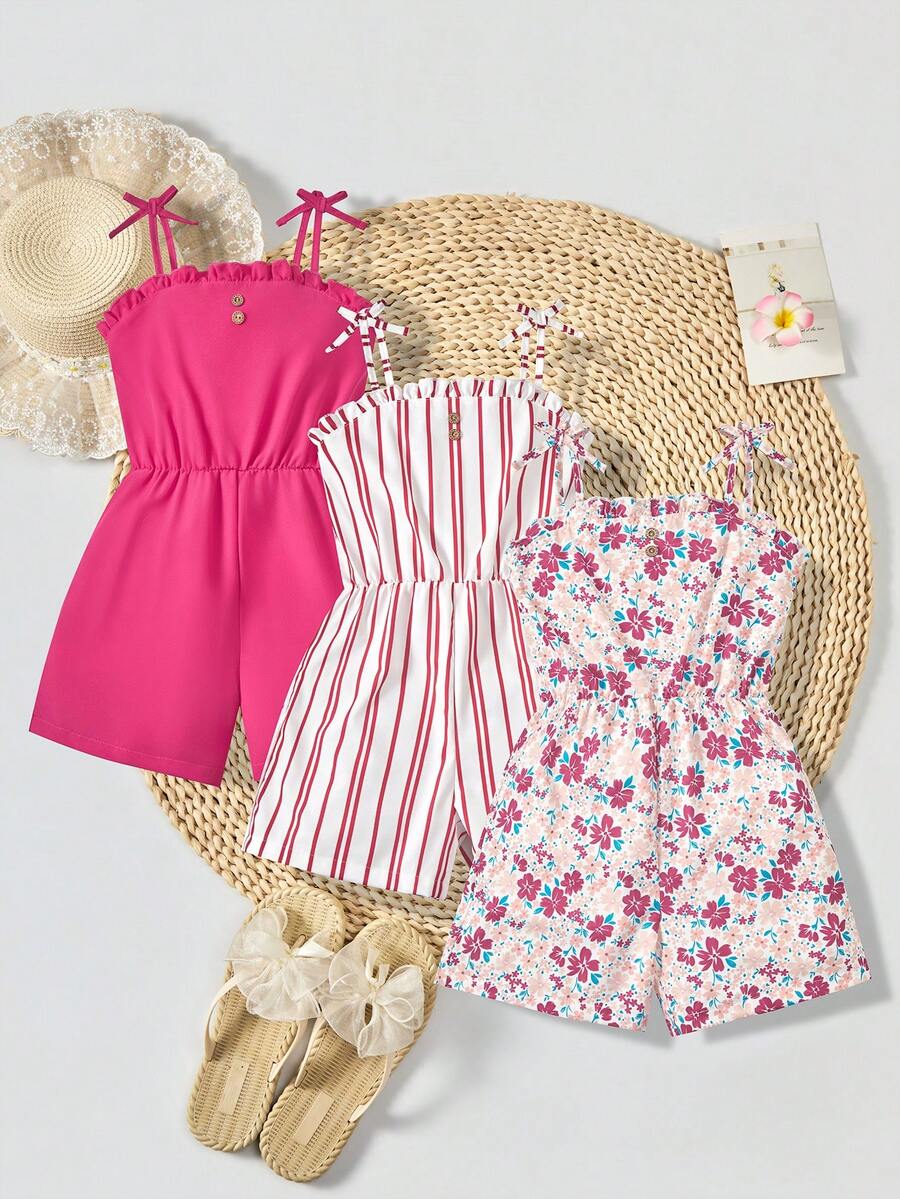 SHEIN Bộ 3 món cho bé gái tuổi teen, kiểu dáng thường ngày, họa tiết hoa và sọc, màu trơn, thích hợp cho gia đình nhiều con, đi biển, chơi ngoài trời và đi học. - Màu Hồng Tươi - Xem 1