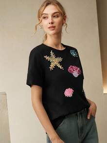 Anewsta Áo thun ngắn tay cổ tròn màu trắng đính sequin và hạt cườm - màu đen - Xem 5
