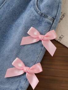 SHEIN Playful Pals 女婴粉色罗纹短袖T恤和蓝色蝴蝶结长裤两件套休闲装 - 粉色 - 查看 10