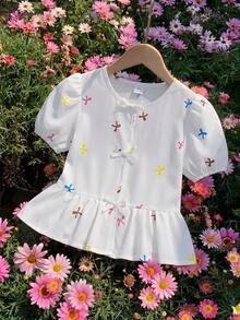 Tween Girls' Cute Colorful Bow Print Puff Sleeve Ruffle Hem Shirt Blouse, Spring/Summer - White - View 4
