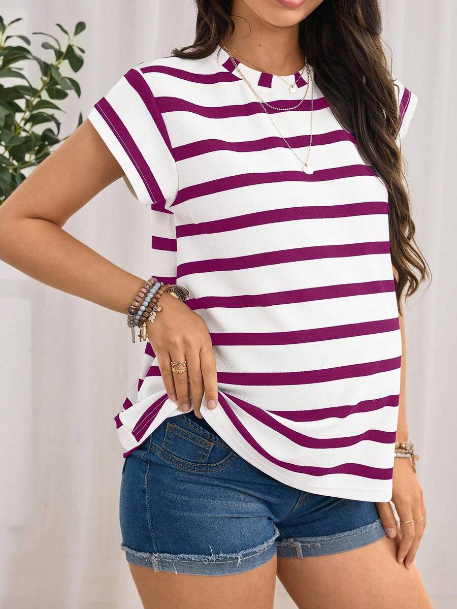 Maternity Striped Round Neck Short Sleeve Casual Loose T-Shirt - Purple - View 1