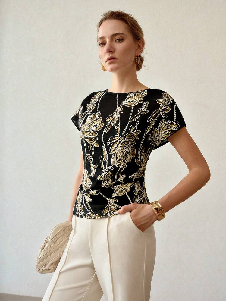 SUMMER BEADED SEQUIN HOLLOW FLORAL BLOUSE, FASHIONABLE UNIQUE DESIGN WOMEN BLOUSE