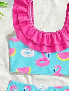 2pcs Baby Girls' Flamingo & Donut & Fruit Print Patchwork Collar Double Layer Solid Color Ruffle Hem Shorts Beach Swimsuit Set - Multicolor - View 5