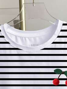 Women's Cherry Print Short Sleeve Striped Casual Round Neck T-Shirt - White - View 3